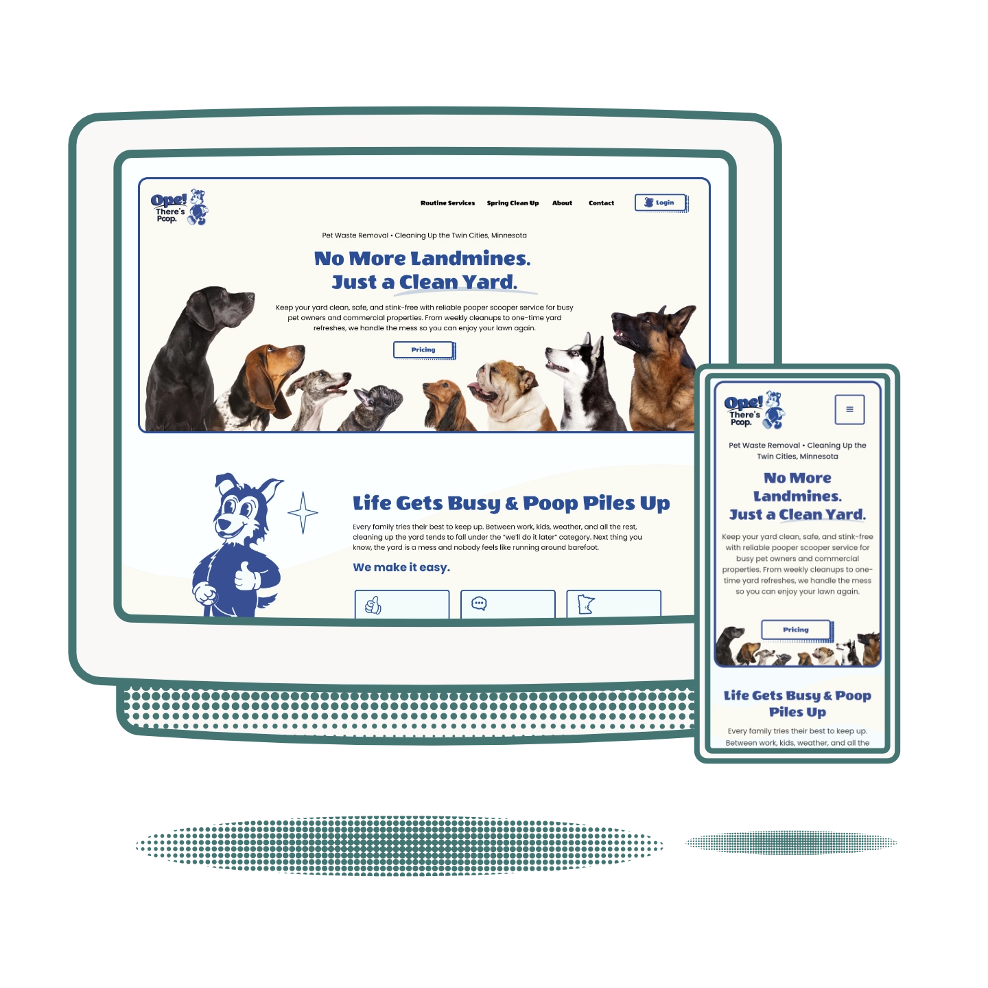 The website design for Ope There's Poop, a pet waste management company located in the Twin Cities, Minnesota. 