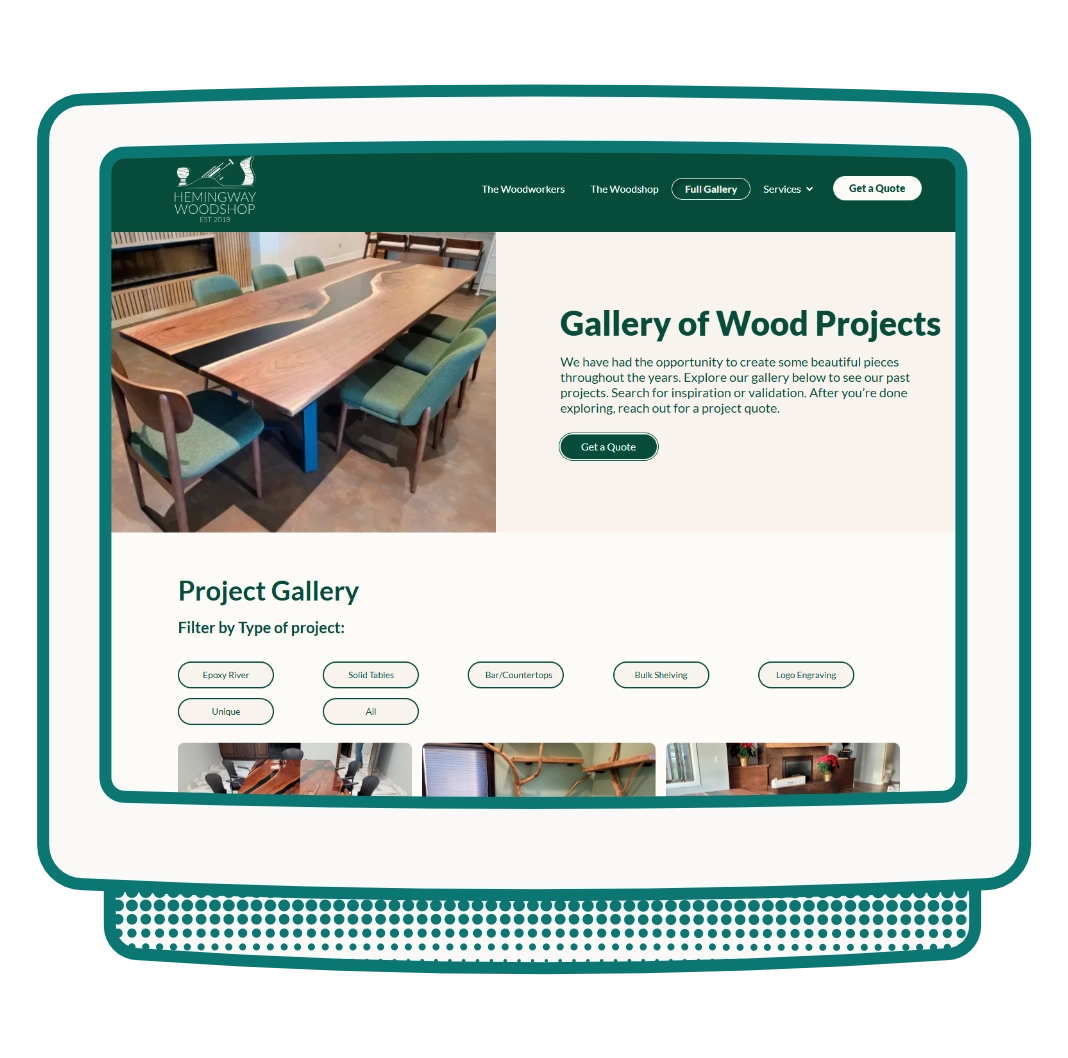 The gallery page of Hemingway Woodshop, a local Eagan, MN woodworker.