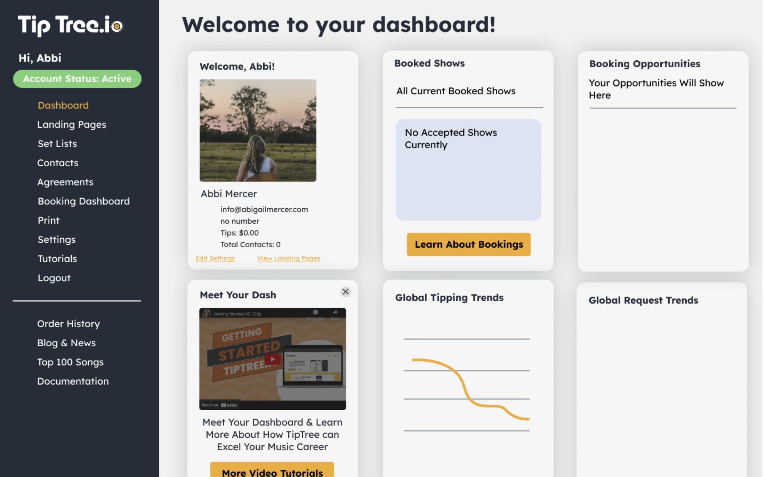 The user interface design for TipTree's dashboard