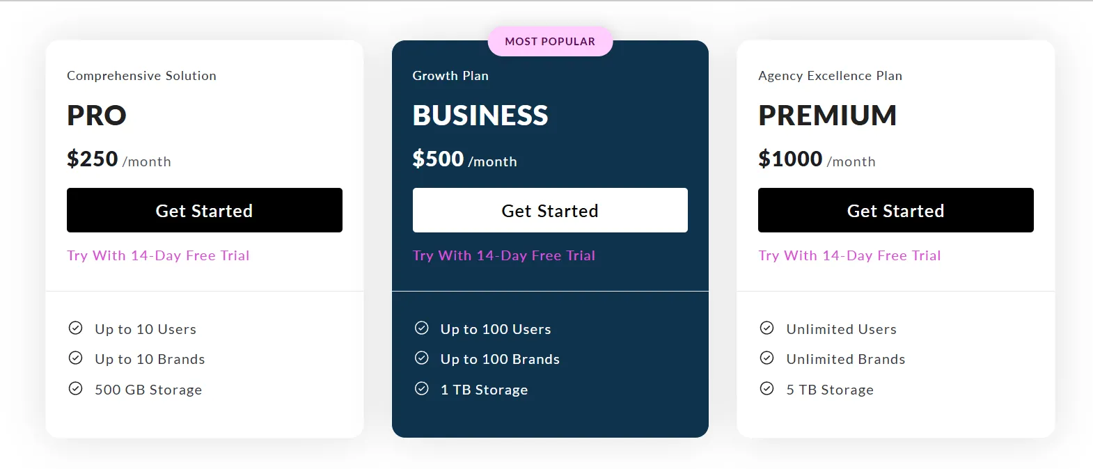 A pricing table displaying three BrandLife plans