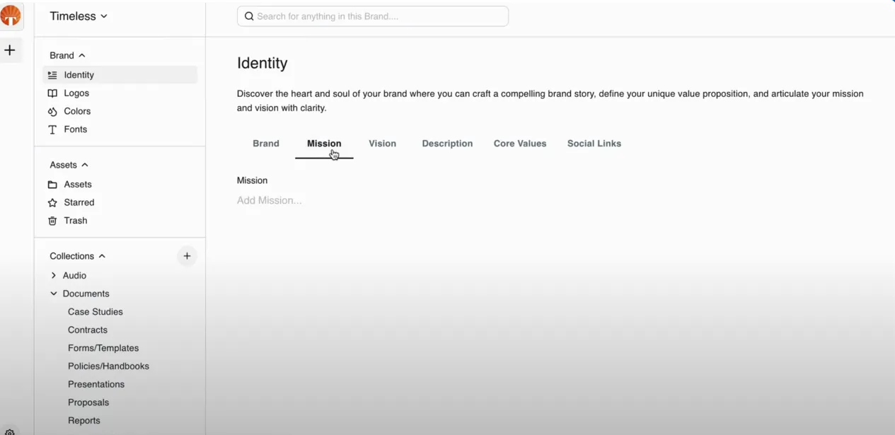 The "Identity" section displays brand details