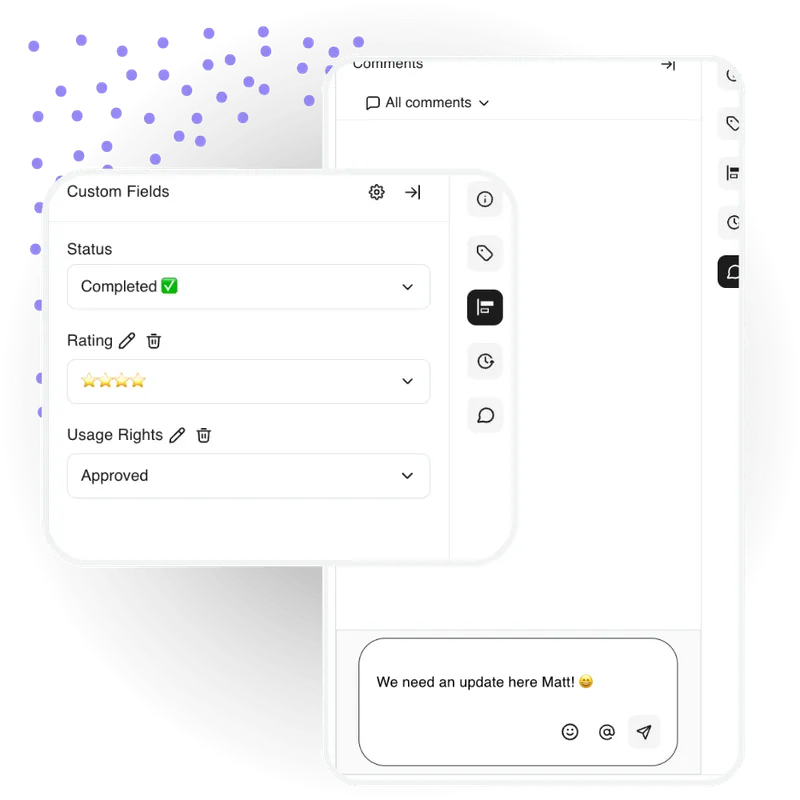 BrandLife’s interface showcasing "Custom Fields" like Status, Rating, etc.