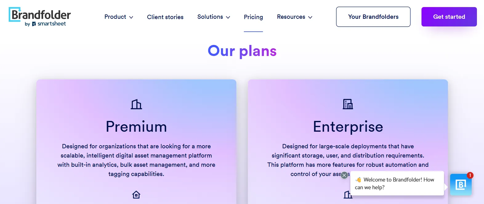Brandfolder's pricing page, showcasing two options