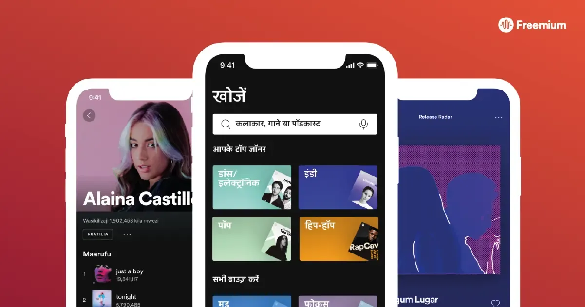 Spotify image of its homescreen with different languages displayed