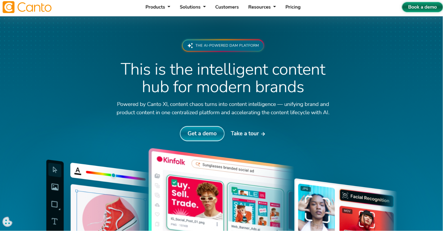 Screenshot of the Canto homepage showing its digital asset search and sharing tools