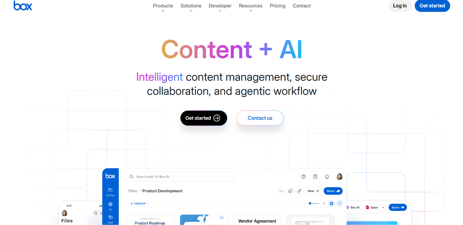 Screenshot of the Box homepage showing its enterprise content management platform