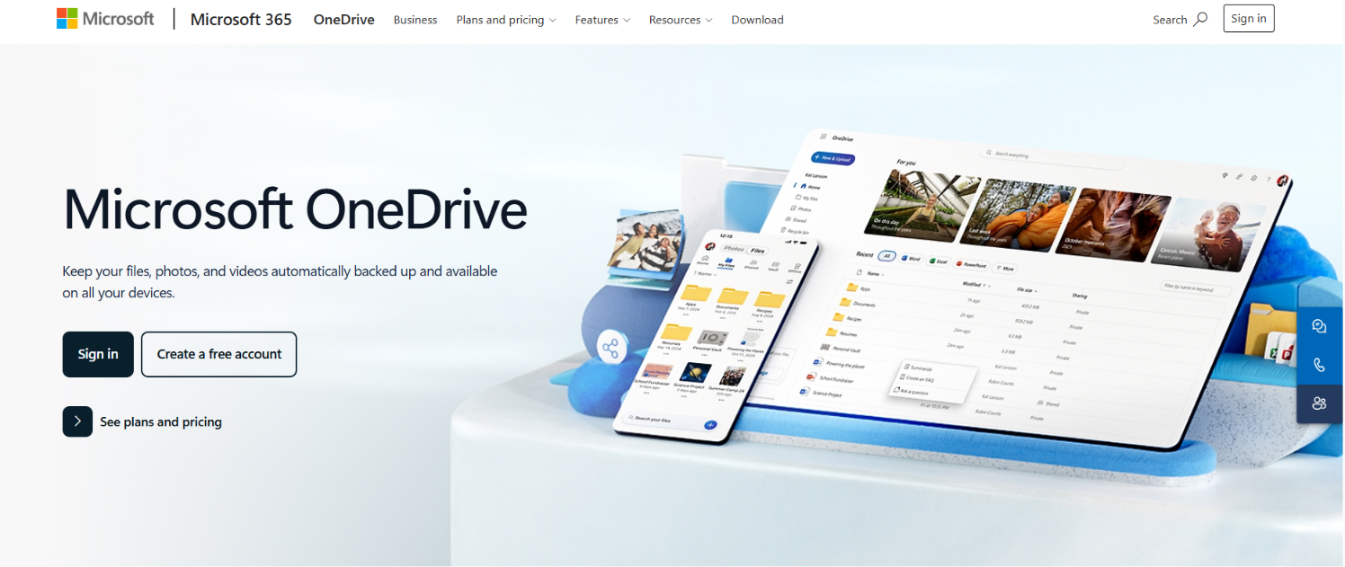 A screenshot of Microsoft OneDrive's webpage