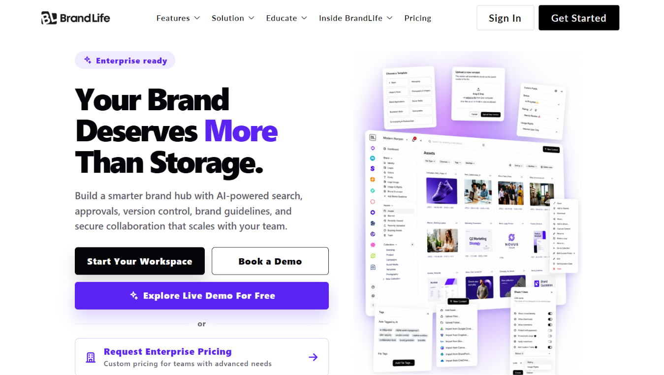 Screenshot of the BrandLife homepage featuring multi-brand DAM and AI search.