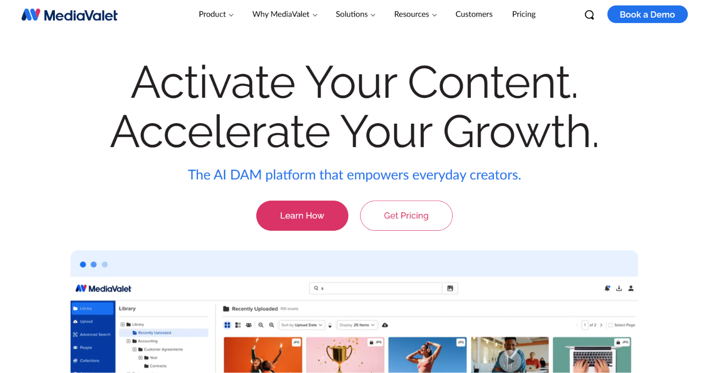 Screenshot of the MediaValet homepage highlighting enterprise DAM.