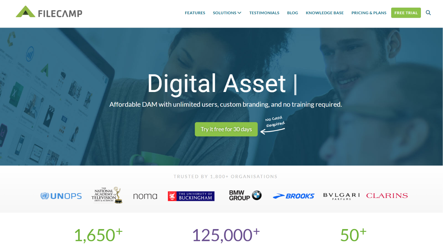 Screenshot of the Filecamp homepage highlighting affordable DAM.