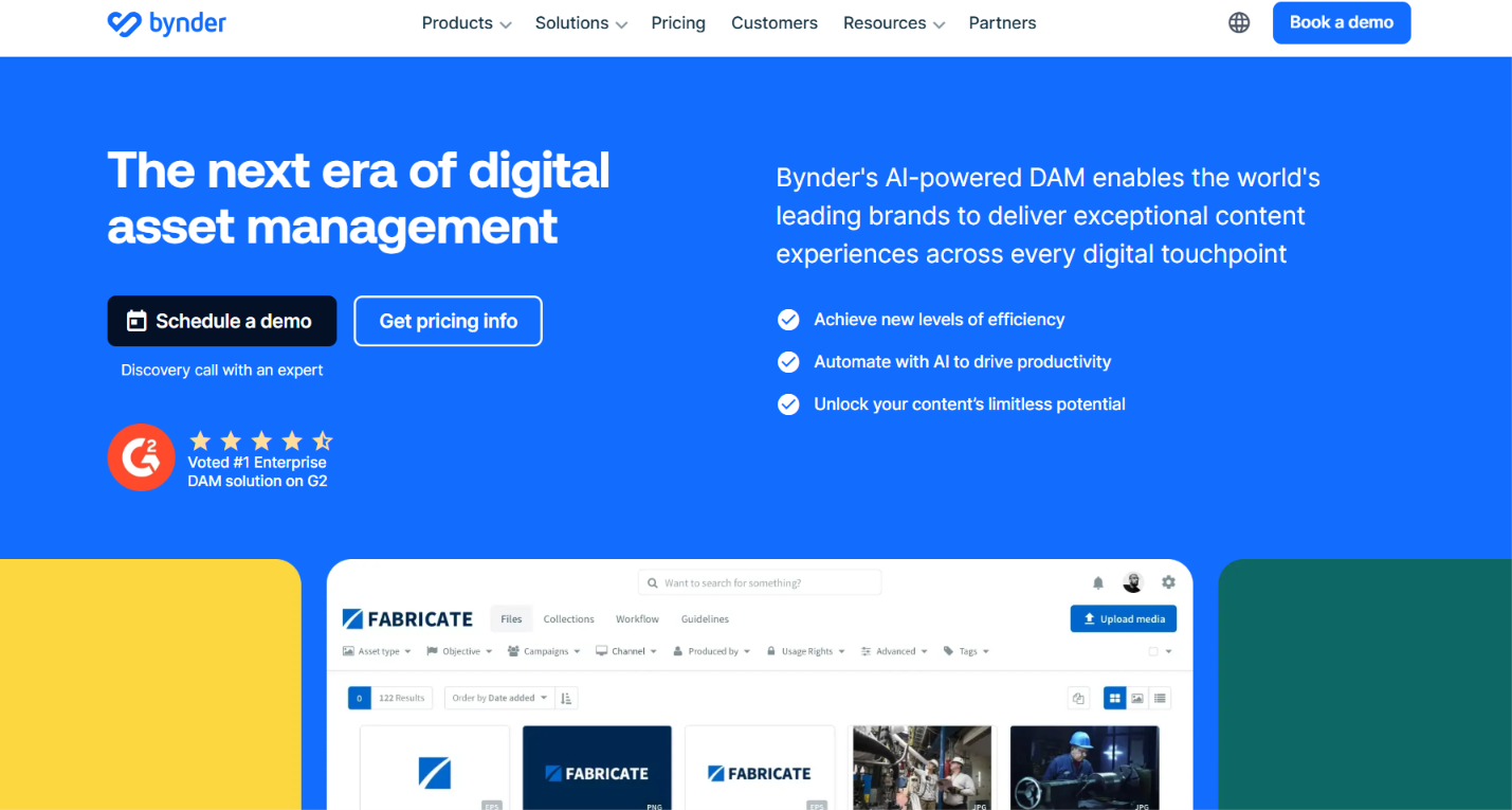 Screenshot of the Bynder homepage featuring enterprise digital asset management.