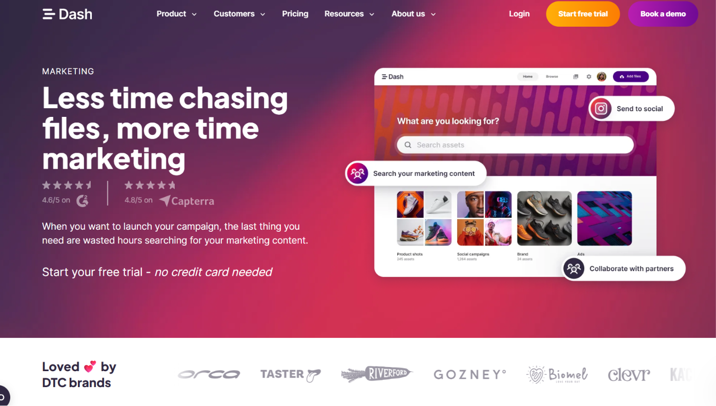 Screenshot of the Dash homepage featuring flat-rate DAM.