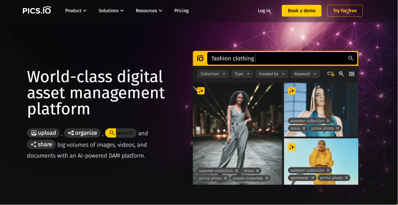 Screenshot of the Pics.io homepage featuring cloud-based DAM