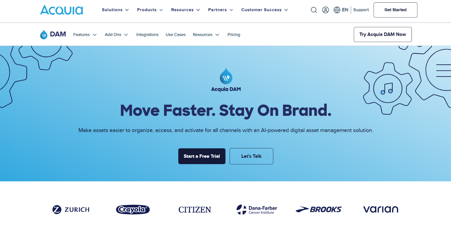 Screenshot of the Acquia DAM homepage for enterprise digital asset management.