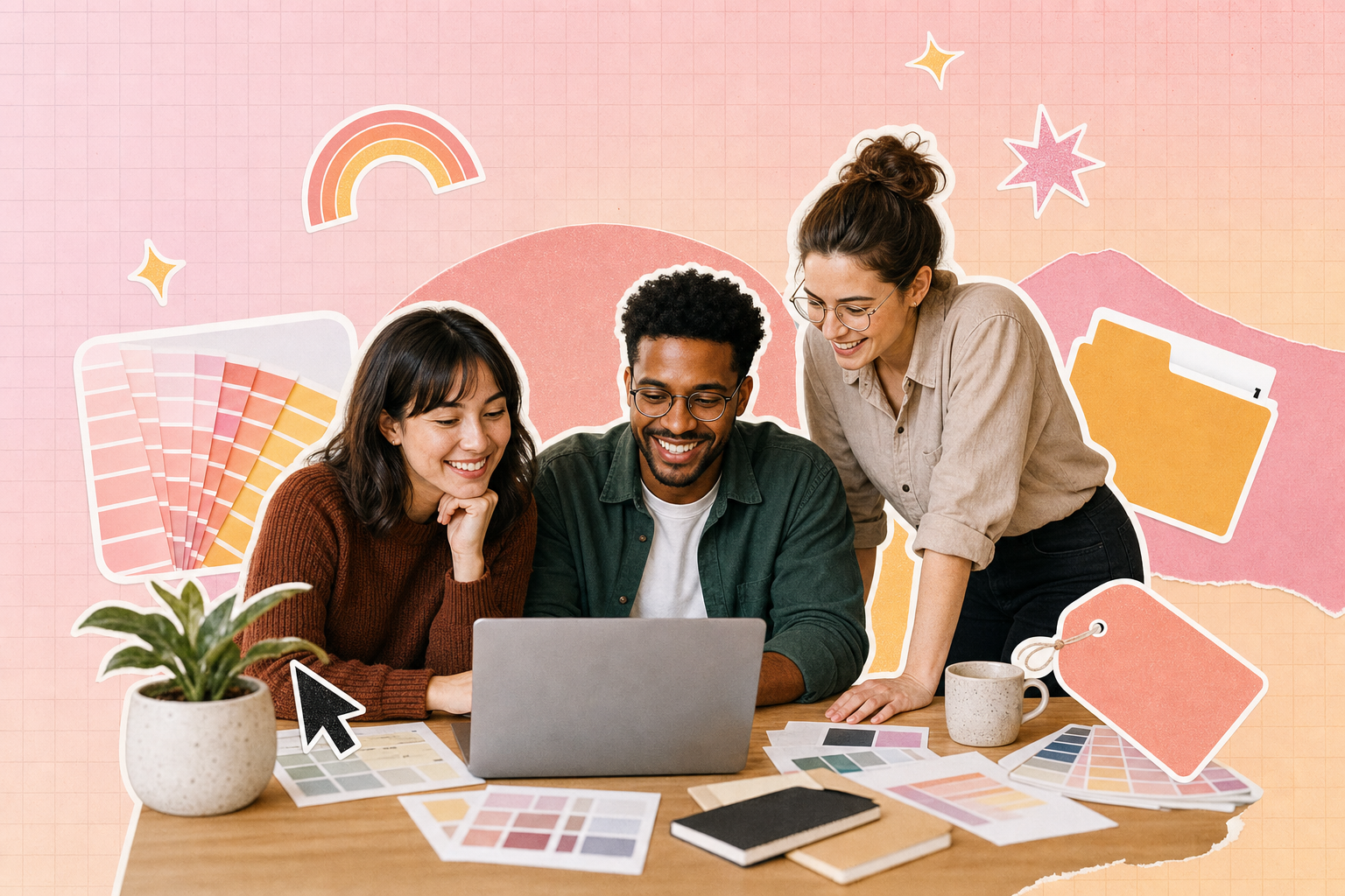 BrandLife-style banner showing a creative team reviewing brand guidelines, color swatches, and brand assets