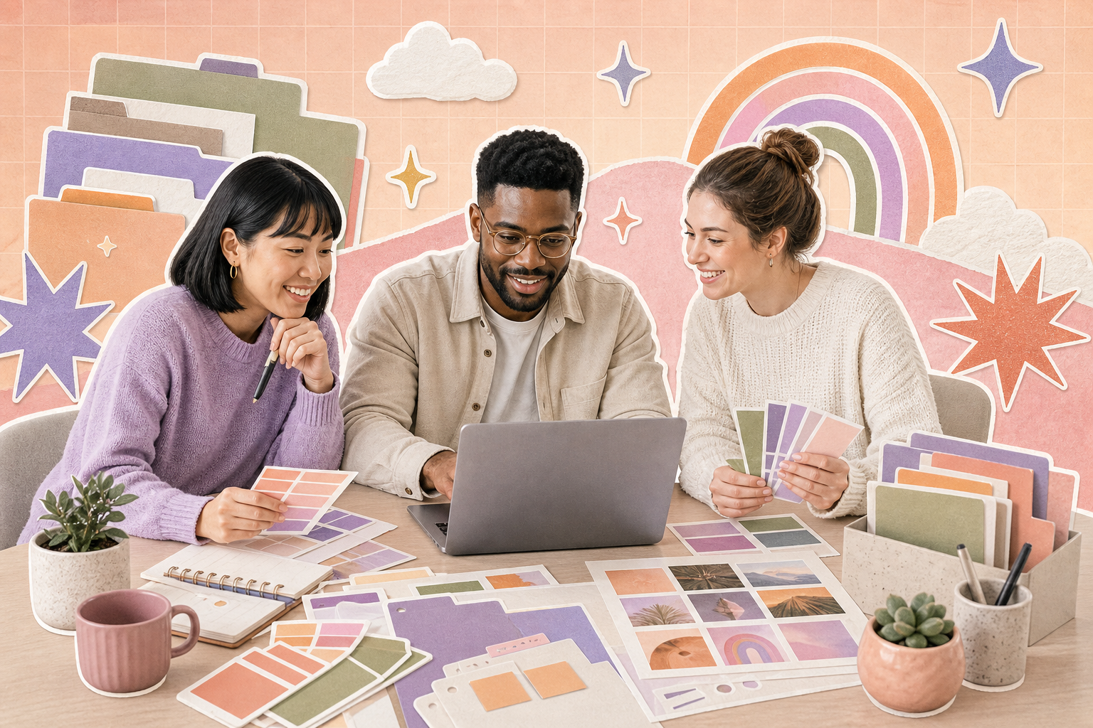 Brand and creative team comparing organized campaign assets and color palettes