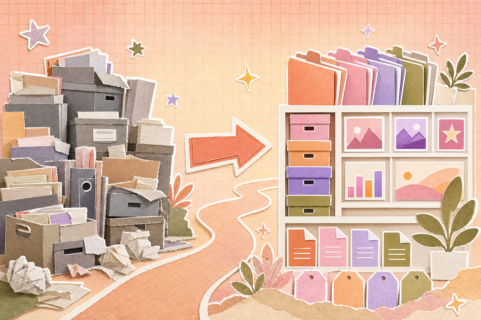 Paper-collage migration from crowded archive boxes to an organized digital asset library