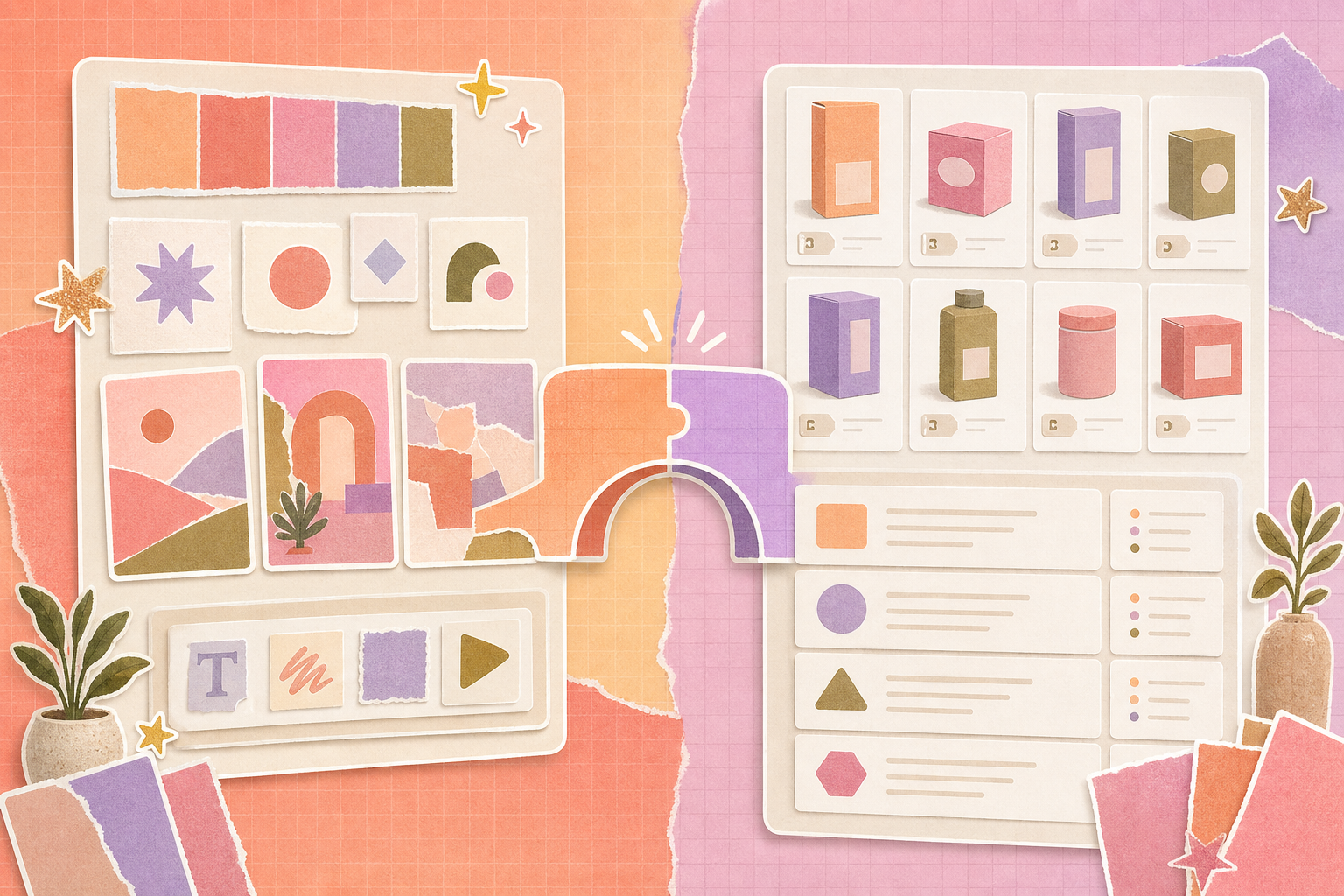 Paper-collage comparison of a brand asset board and organized product information catalog