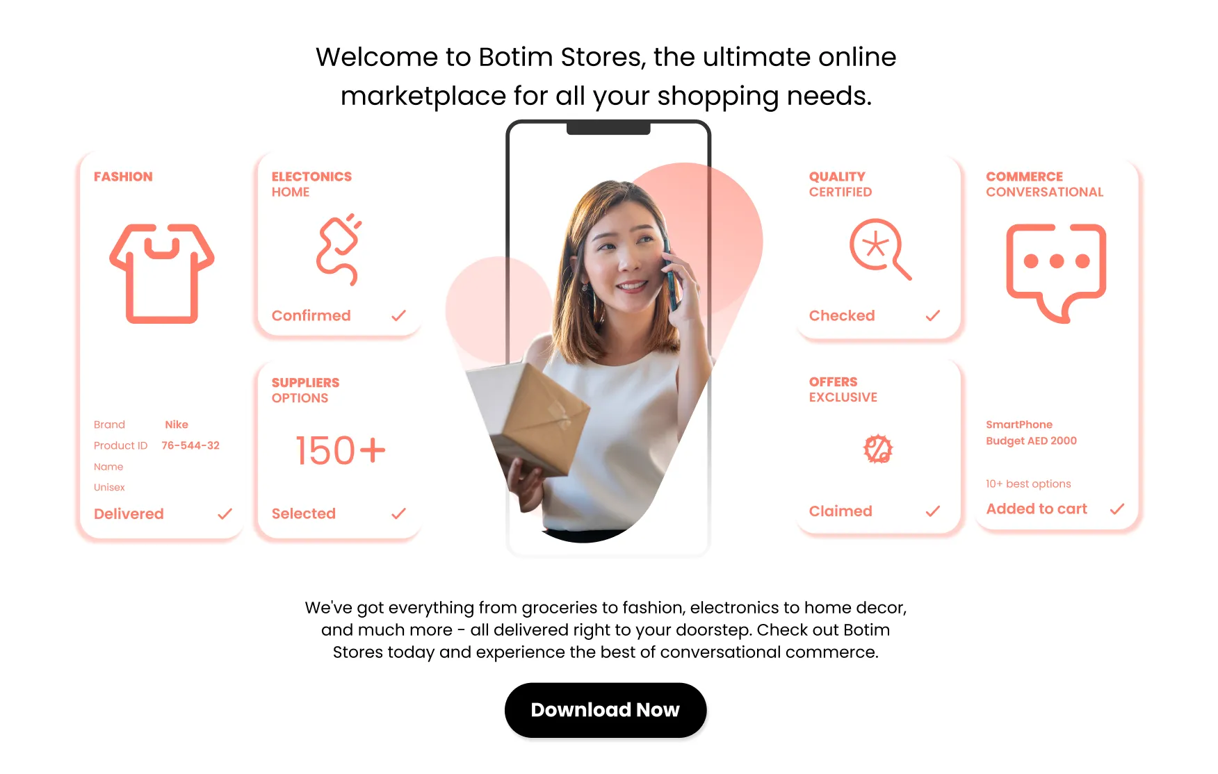 a woman holding a cell phone with the text welcome to both stores the ultimate online