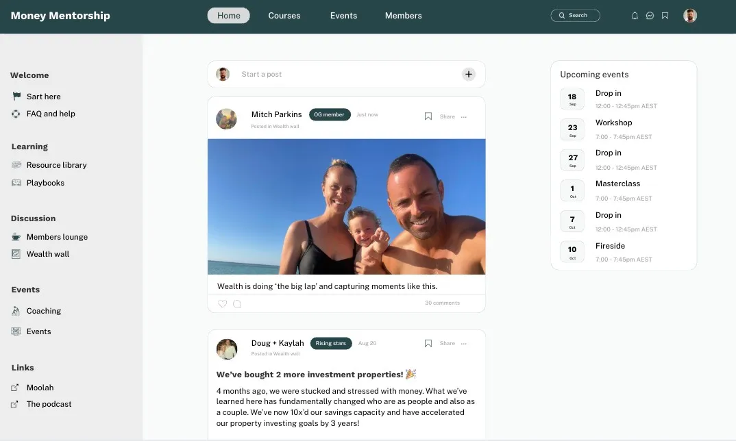 Screenshot of Money Mentorship platform showing user posts with a family photo, upcoming events calendar, and navigation menus.