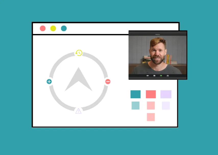 Illustration of a computer window with colored blocks and a smaller video call window showing a smiling man with a beard.
