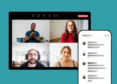 Video call screen showing four people in a grid layout next to a smartphone displaying a chat message list.