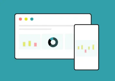 Illustration of a computer screen and a smartphone displaying simplified charts and graphs.