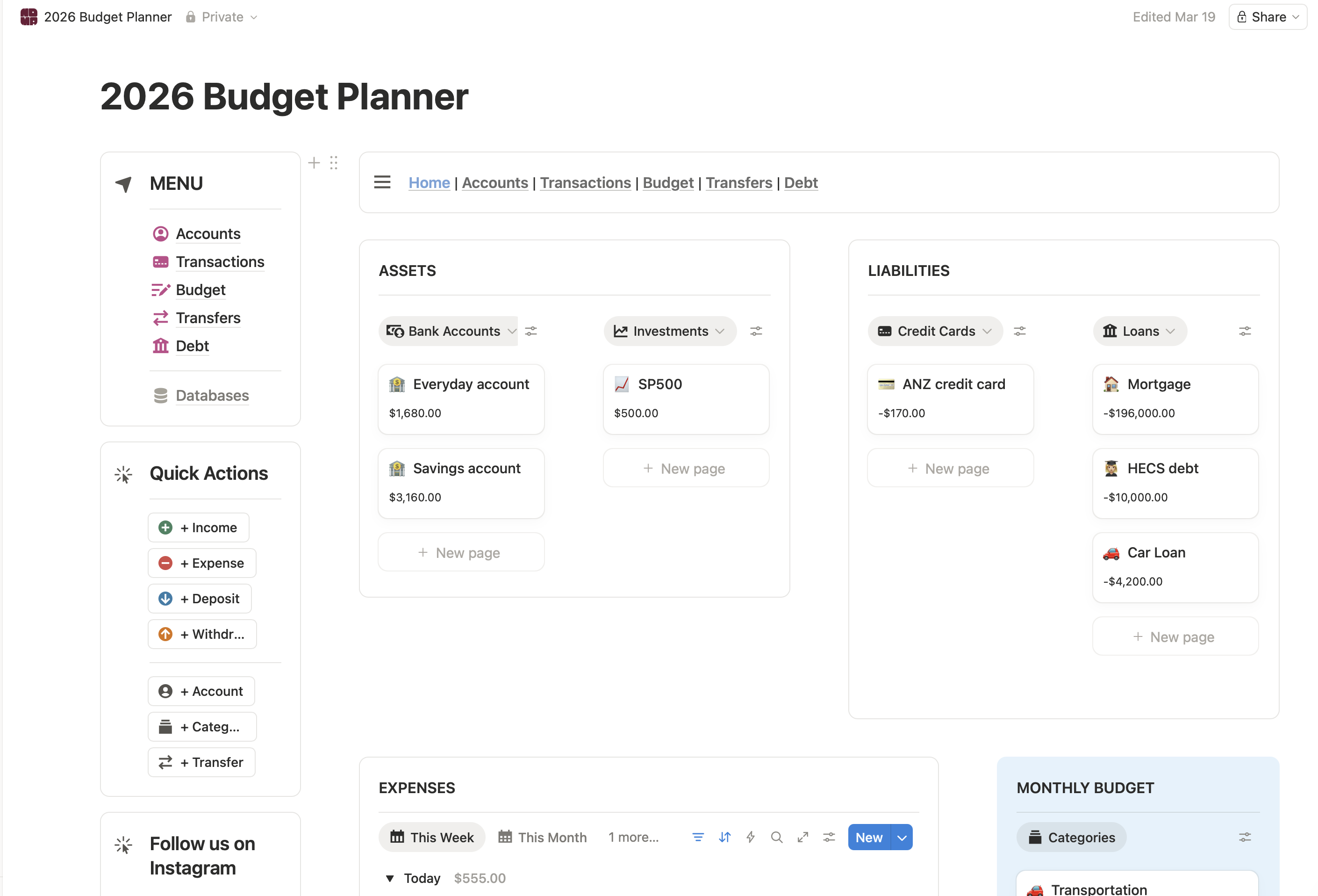 A photo of the Noma budget planner dashboard