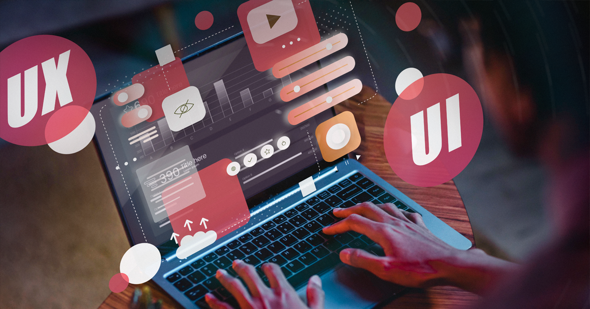 Elementy webdesignu, UX a UI vystupující z obrazoky laptopu