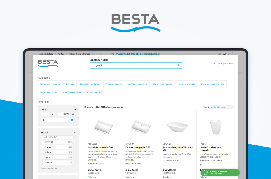 Náhled případové studie MEDIA FACTORY Group - projektu pro e‑shop Besta.cz, zobrazující chytré vyhledávání Search Ready produktů s umyvadly, filtrování podle ceny a značky a přehled výsledků, které dokazují přínos nového on‑site vyhledávače pro zákazníky i konverze.