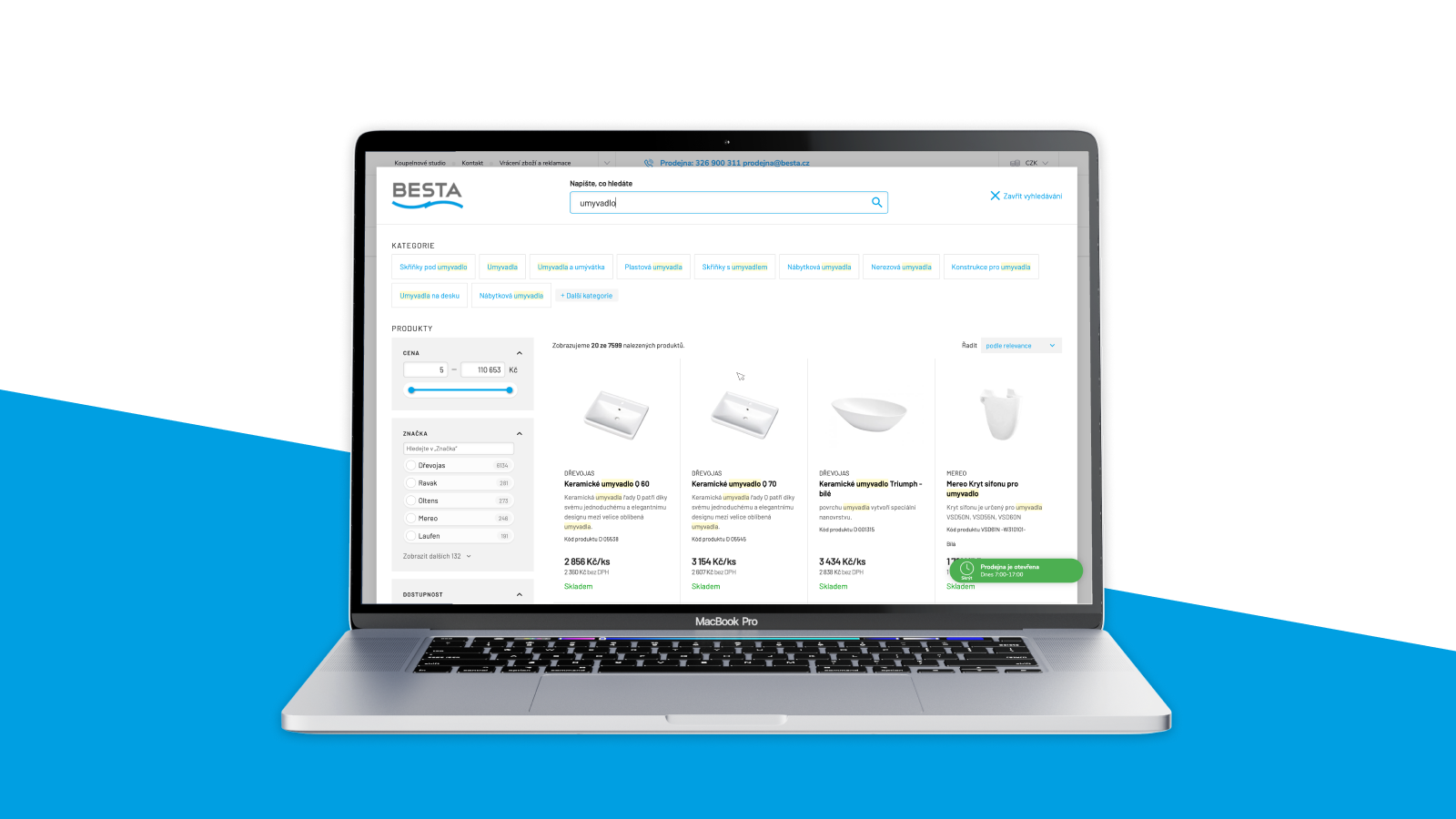 Header případové studie MEDIA FACTORY Group s logem Besta.cz a obrazovkou vyhledávání v sortimentu koupelnového vybavení, který zdůrazňuje nové on-site vyhledávání Search Ready umožňující rychlejší nalezení konkrétních umyvadel podle ceny, značky a dostupnosti.