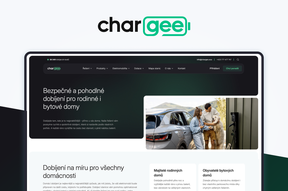 Náhled webu Chargee zaměřeného na domácí nabíjení elektromobilů.