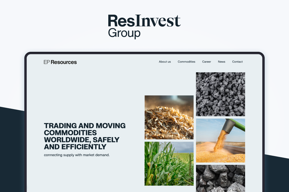 Náhled webu společnosti ResInvest Group s vizuály komodit.