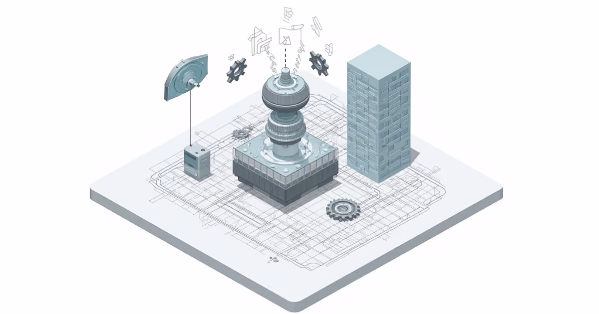 Isometric schematic of a digital ecosystem merging building architecture with mechanical engine parts and gears on a clean white background.