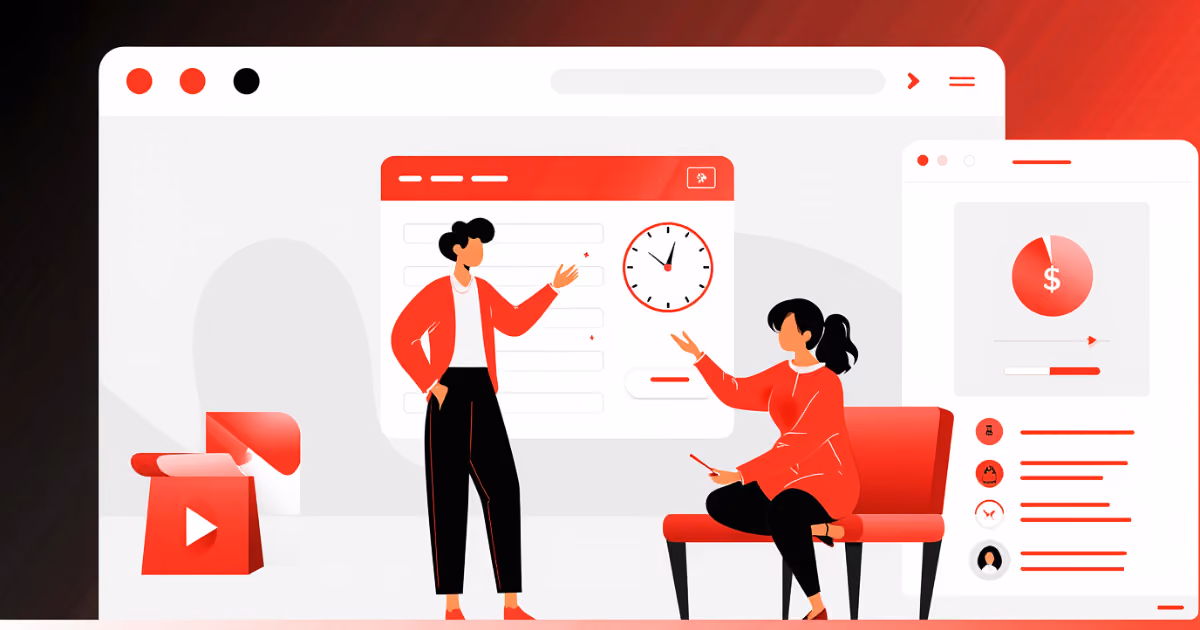 Modern flat illustration of a digital interface in a red and white style, showing characters managing their time and finances within a clear self-service client portal.