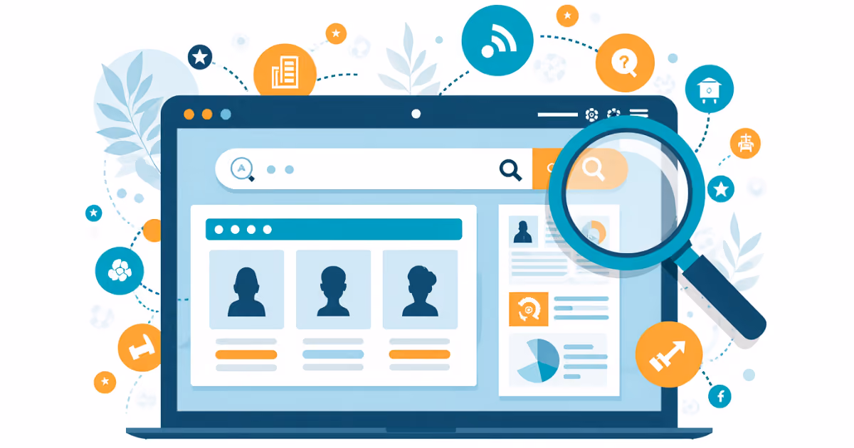 Illustrated notebook with search box, magnifying glass and results overview showing modern e-shop search and data processing.
