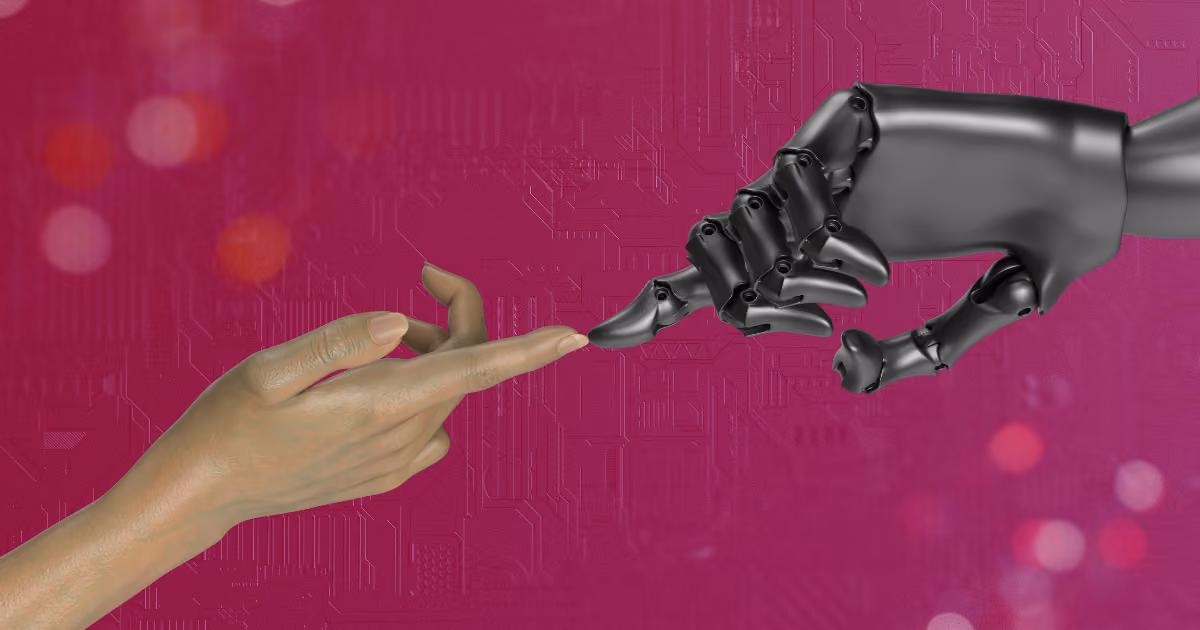 Dotek lidské a robotické ruky na růžovém technologickém pozadí.