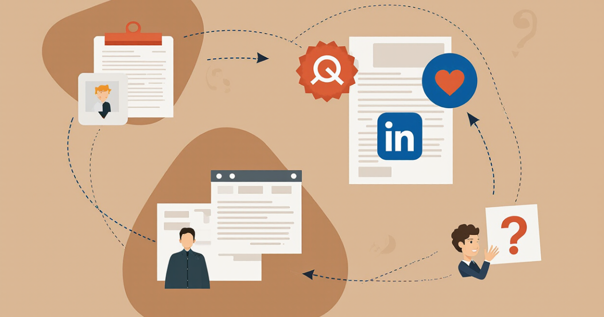 Ilustrační grafika s postavami, dokumenty a logem LinkedIn znázorňující propojení online profilu a životopisu.