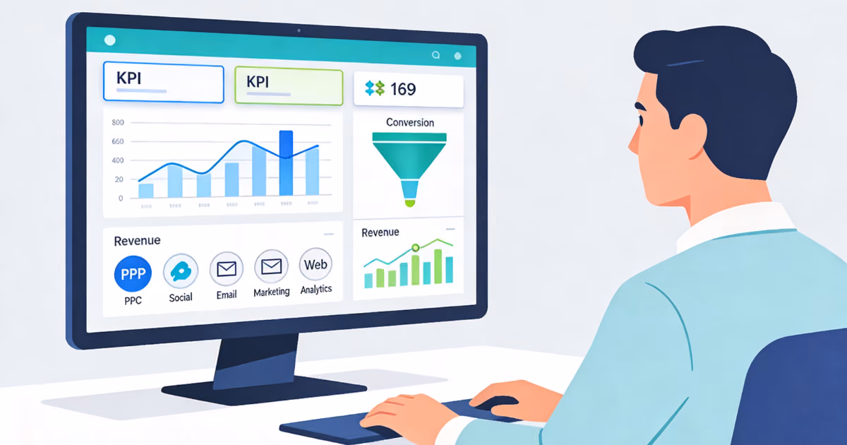 Marketing dashboard with KPIs and charts.
