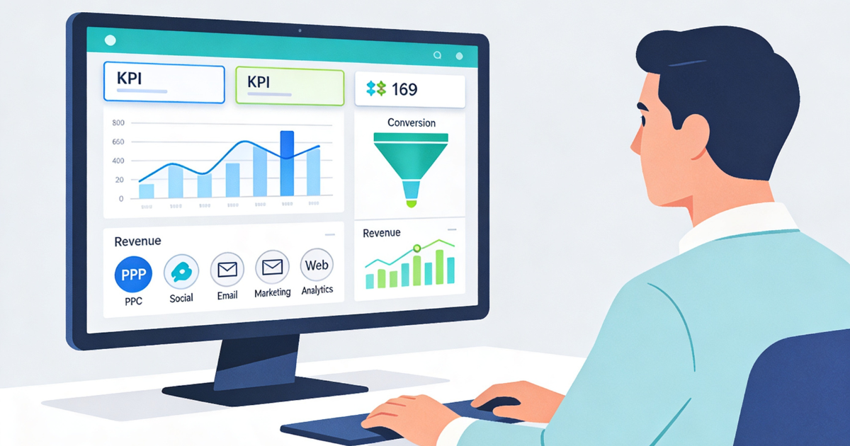 Marketing dashboard with KPIs and charts.