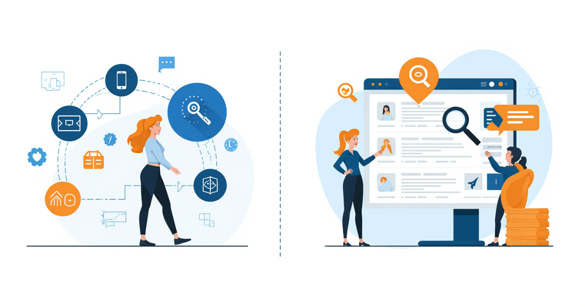 A woman at a computer analyzes online profiles and dates in a modern flat illustration.