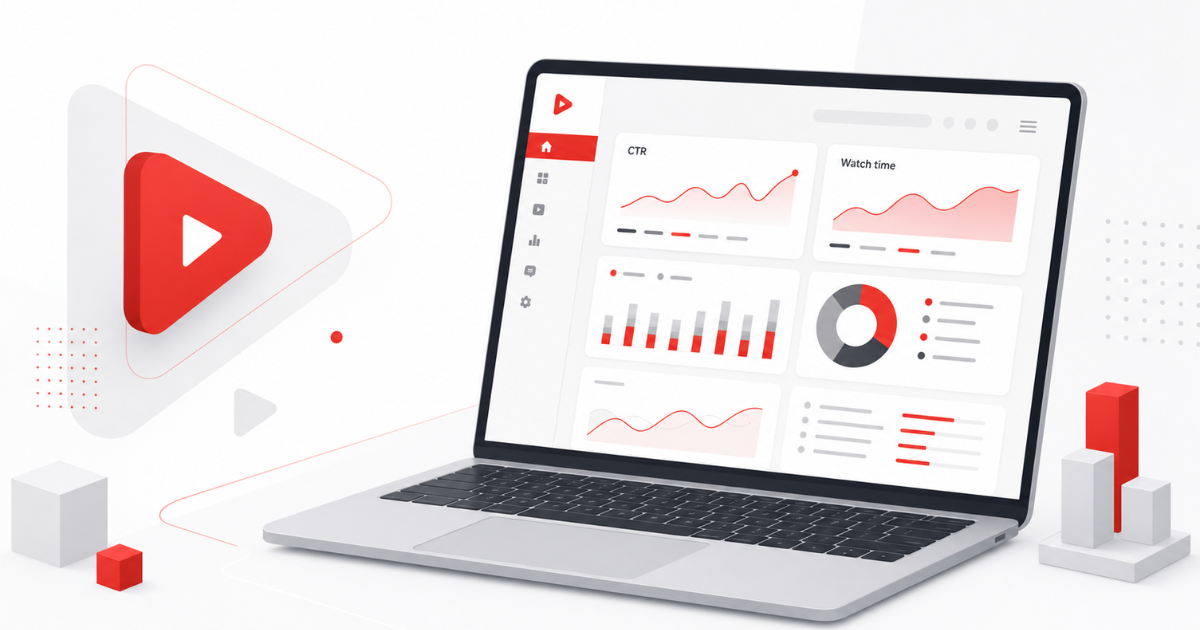 Analytický dashboard YouTube na notebooku v minimalistickém stylu