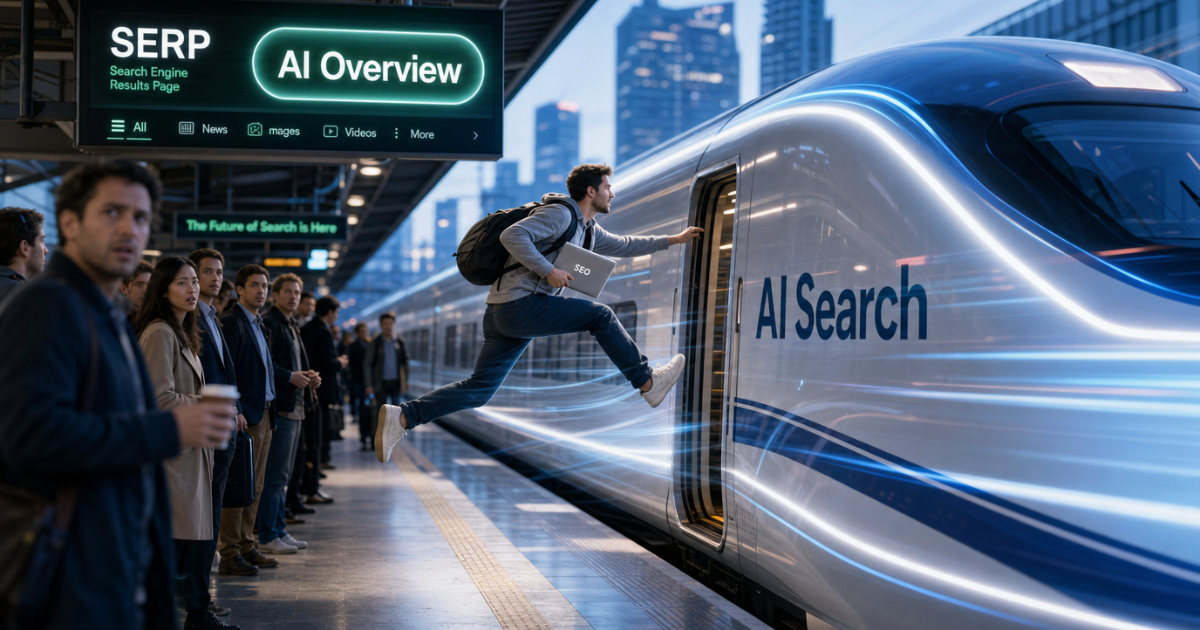 Man with an "SEO" laptop jumping on board the "AI Search" train. 
