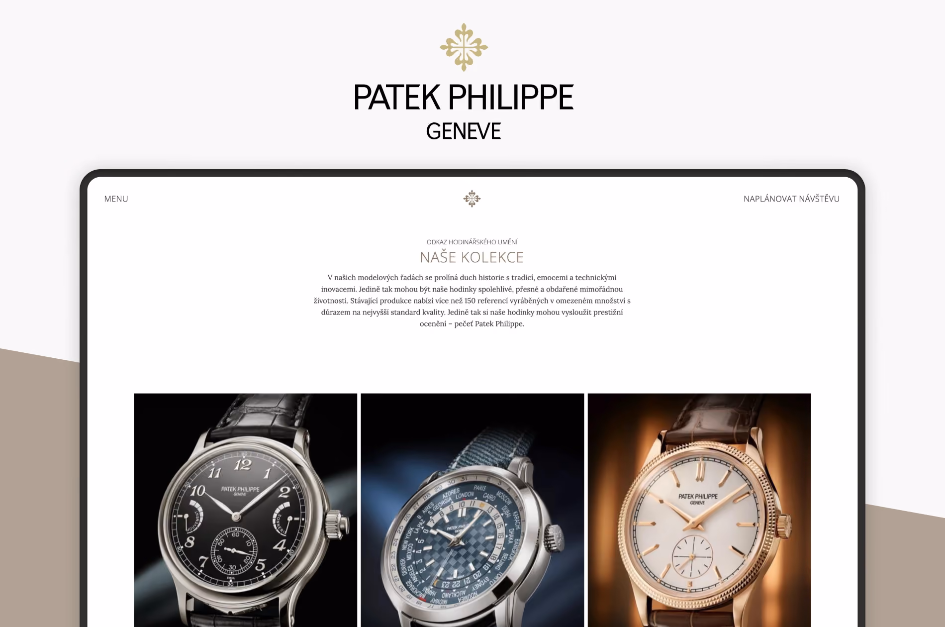 Laptop screen displaying the Patek Philippe Prague boutique website – crafted by Digital Vision for Carollinum, screen showing a preview of watch collections
