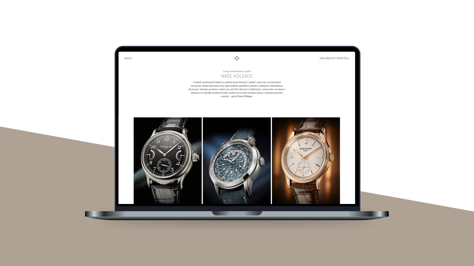 Laptop screen displaying the Patek Philippe Prague boutique website – crafted by Digital Vision for Carollinum, screen showing a preview of watch collections