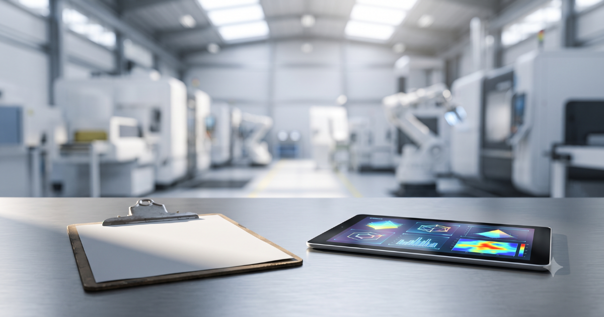 Prázdný papírový klipboard a tablet s datovými grafy na pracovním stole v moderní výrobní hale.
