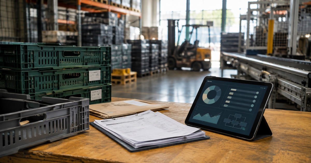 Reusable transport packaging, paper documentation, and a tablet with a digital overview in a manufacturing and logistics facility.