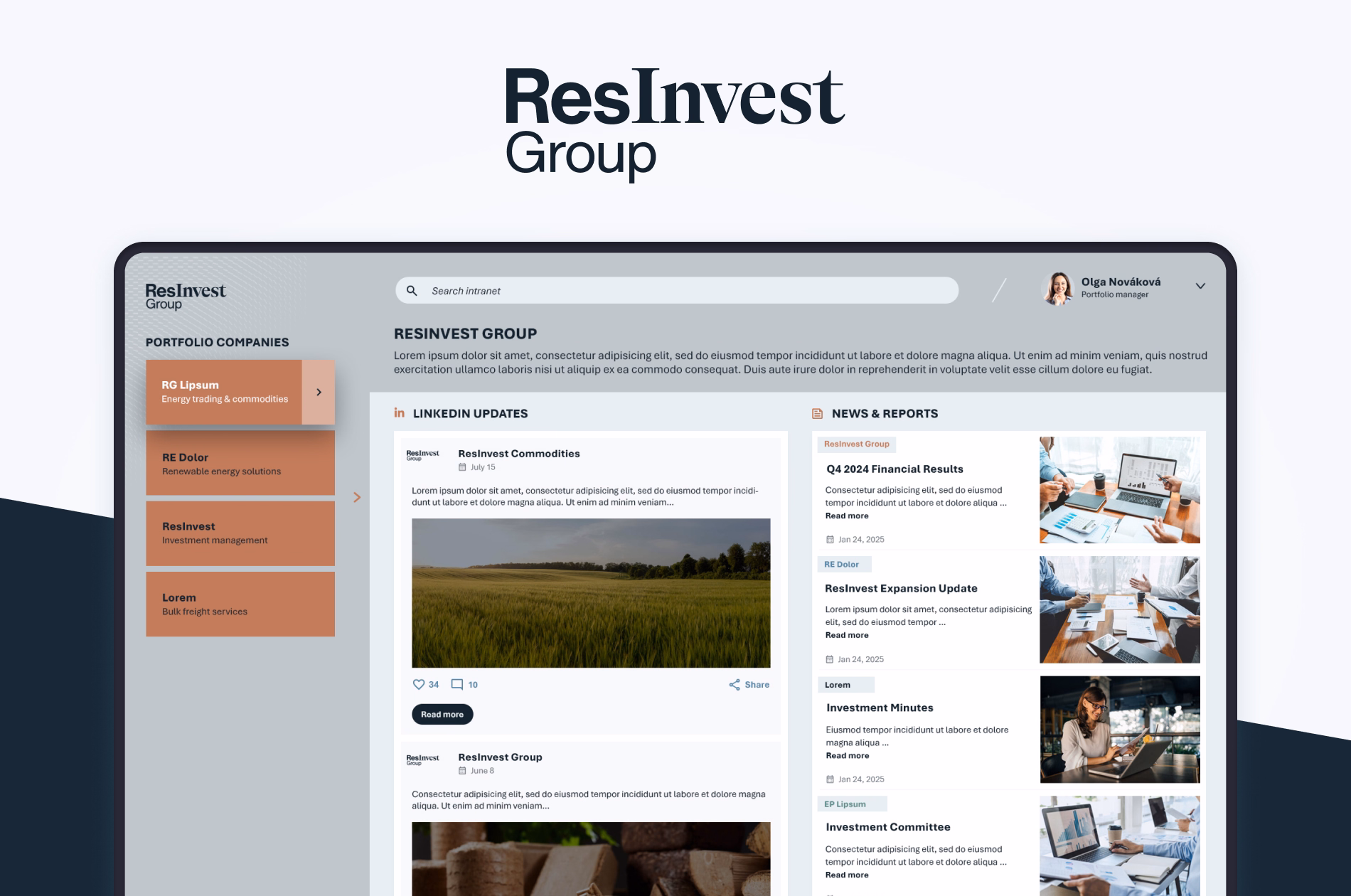 Náhled intranetu skupiny ResInvest Group zobrazený na tabletu s přehledem portfoliových společností, aktualitami z LinkedIn a novinkami a reporty.