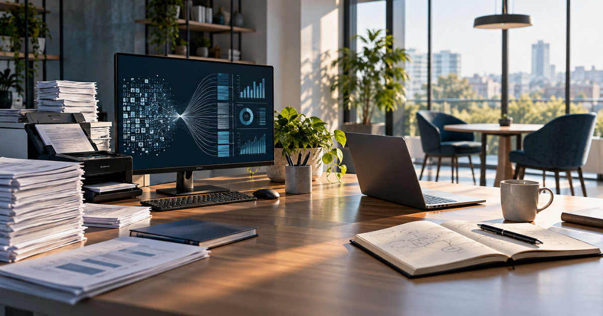 A modern office that bridges data automation with human decision-making. 