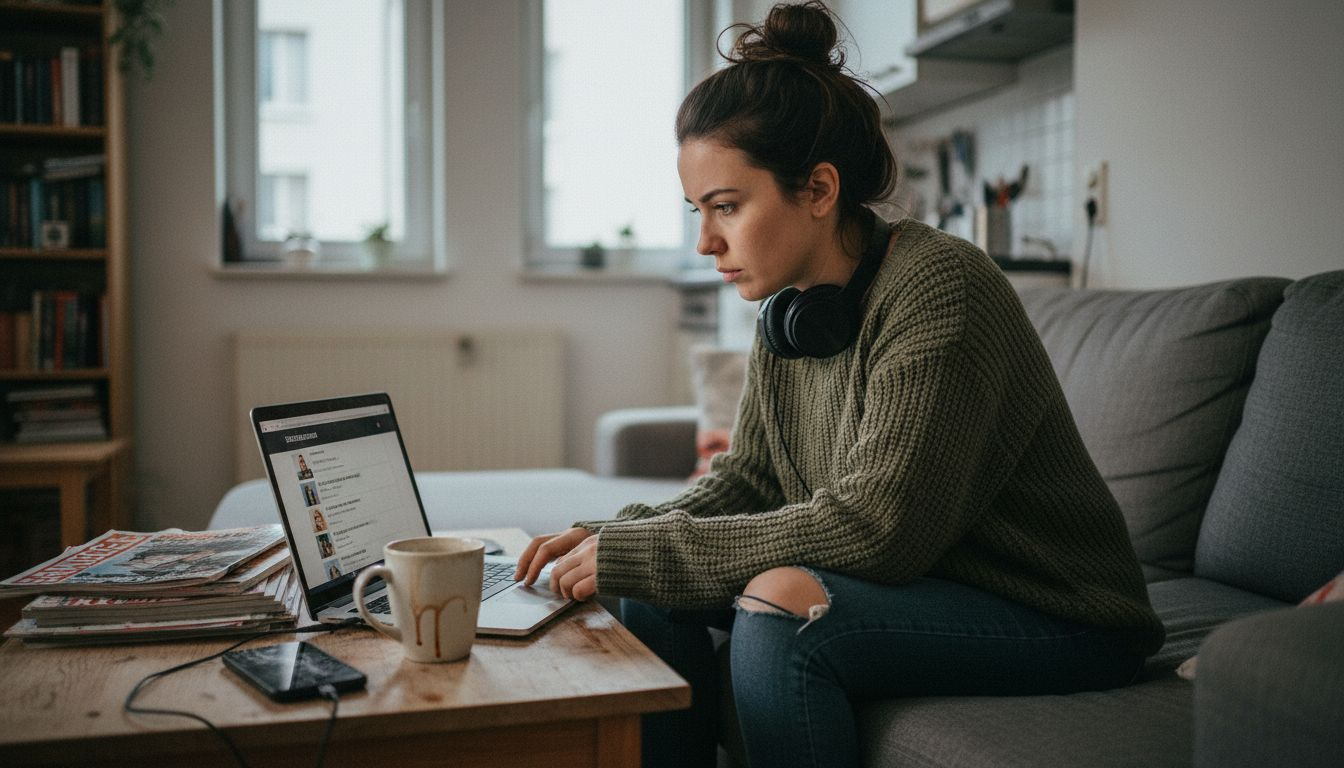 Eine arbeitssuchende Person durchstöbert am Laptop aktuelle Stellenanzeigen.